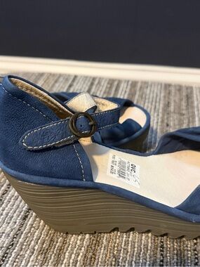 Fly London Blue Wedge Sandals with Ankle Strap